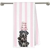 awdschkj Funny Black Labrador Retriever Pink Striped Kitchen Towels, Black Lab Gifts Dish Tea Towels, Grandmillennial Pink and White Porcelain Tea Dog Decorative Hand Towel for Bathroom, 16x24 Inches