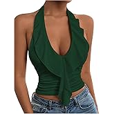 SOLY HUX Women's Ruffle Trim Halter Tops Ruched V Neck Sleeveless Going Out Crop Tops