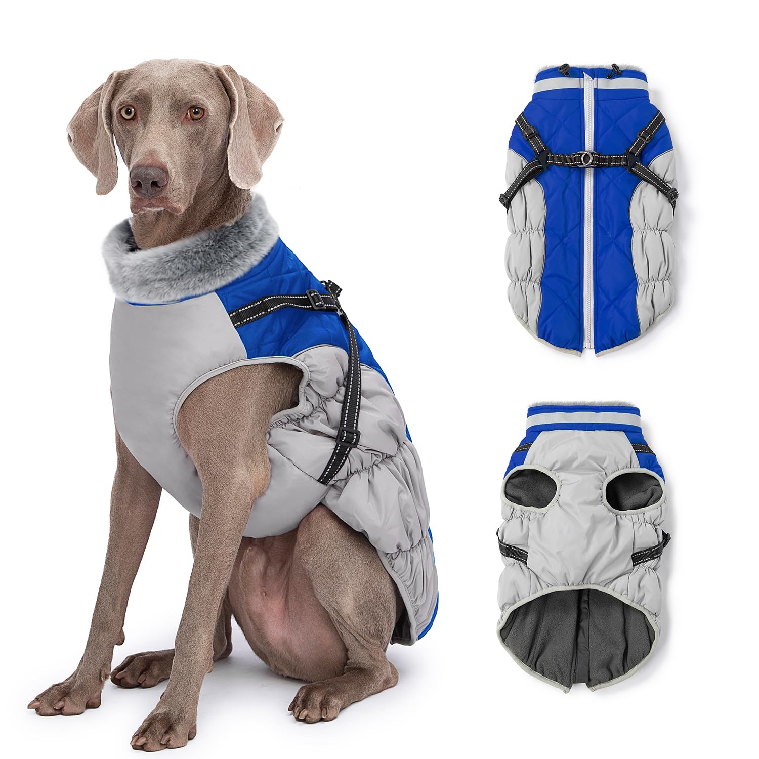 Abuandi Dog Winter Coat with Harness, Dog Jacket, Pet Clothes with Zipper on Back, Waterproof Windproof Warm Vest, Reflective Cold Weather Coats, for Small Medium Large Dogs, Thick, Blue,XS