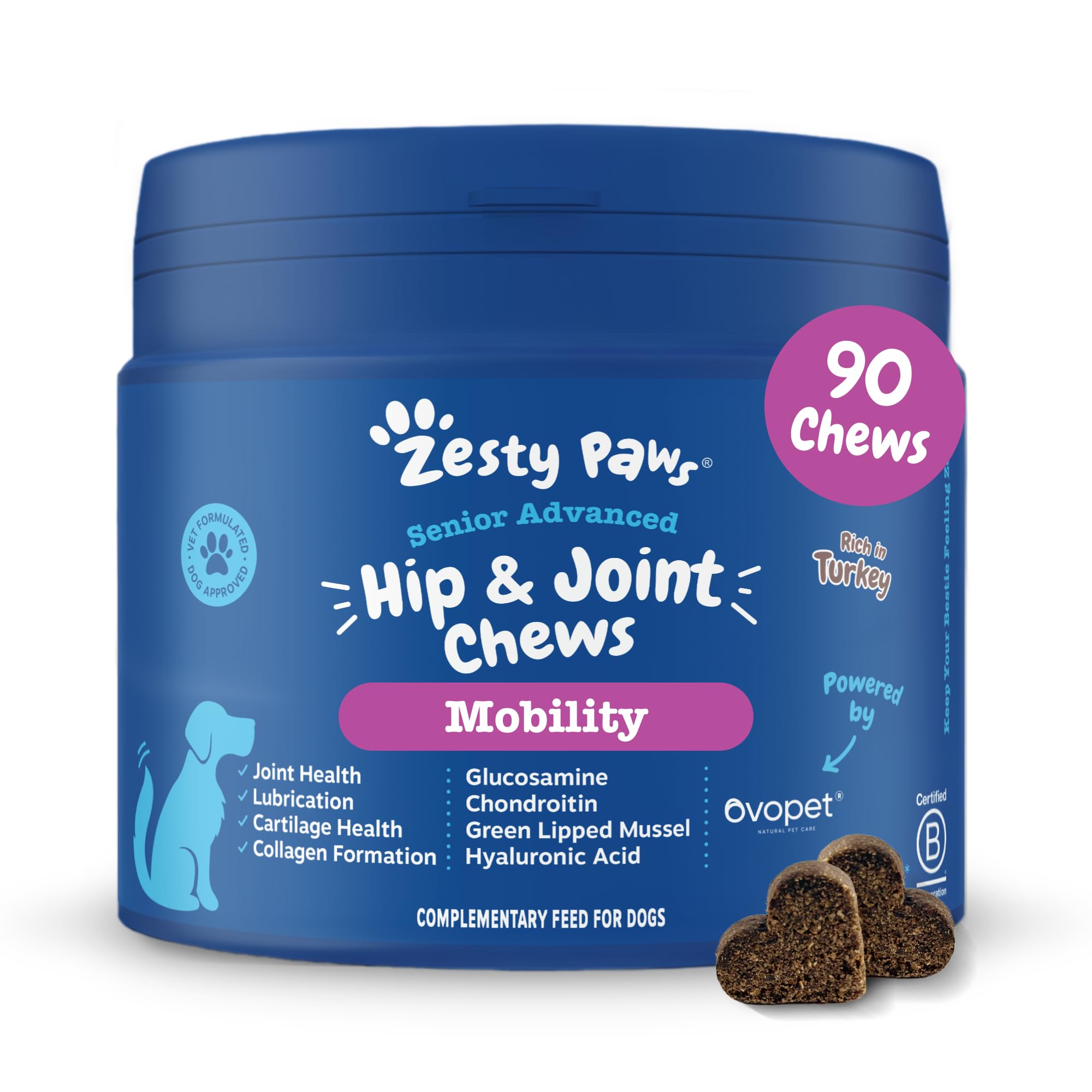 Zesty Paws Hip & Joint Chews for Senior Dogs | Soothes Stiff Joints, Supports Mobility & Flexibility, Helps with Pain & Daily Movement | With Glucosamine, Chondroitin, Green-Lipped Mussel | 90 Chews
