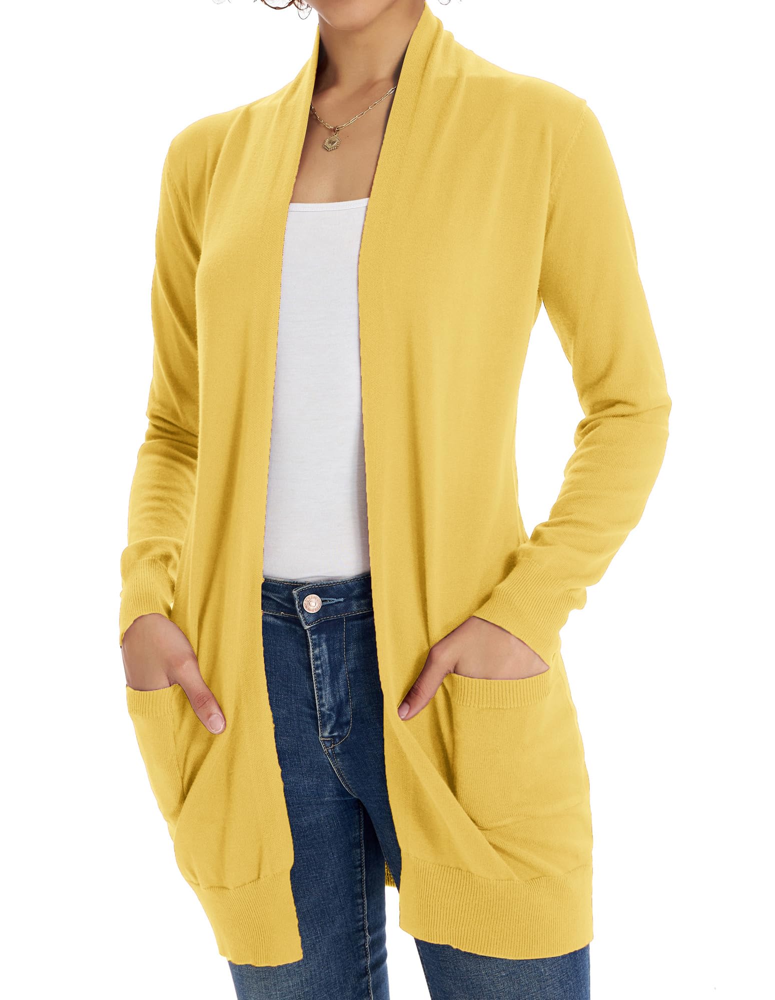 Women's Casual Long Open Front Sweater Cardigans with Pockets Lemon Curry XXL Image