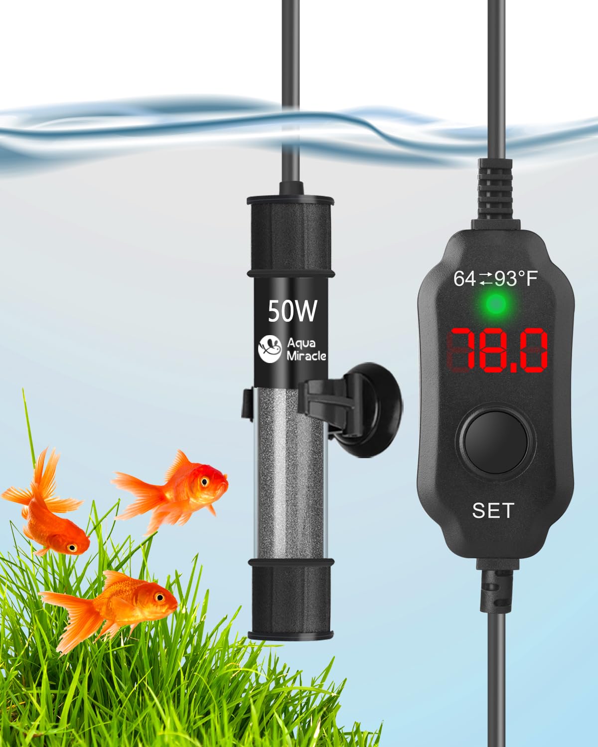 Photo 1 of AquaMiracle Adjustable 50W Aquarium Heater Submersible Fish Tank Heater Super Short Aquarium Heater with LED Digital Display Thermostat, for Tanks 5-10 Gallons