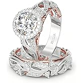 Jeulia 4 Carat Openwork Ring Sets for Women 925 Sterling Silver Wedding Sets Rose Gold Round Cut Halo Engagement Ring White Diamond band CZ Solitaire Anniversary Promise Rings