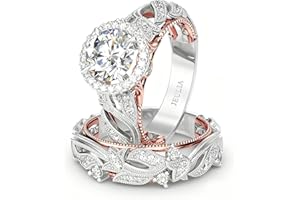 Jeulia 4 Carat Openwork Ring Sets for Women 925 Sterling Silver Wedding Sets Rose Gold Round Cut Halo Engagement Ring White Diamond band CZ Solitaire Anniversary Promise Rings