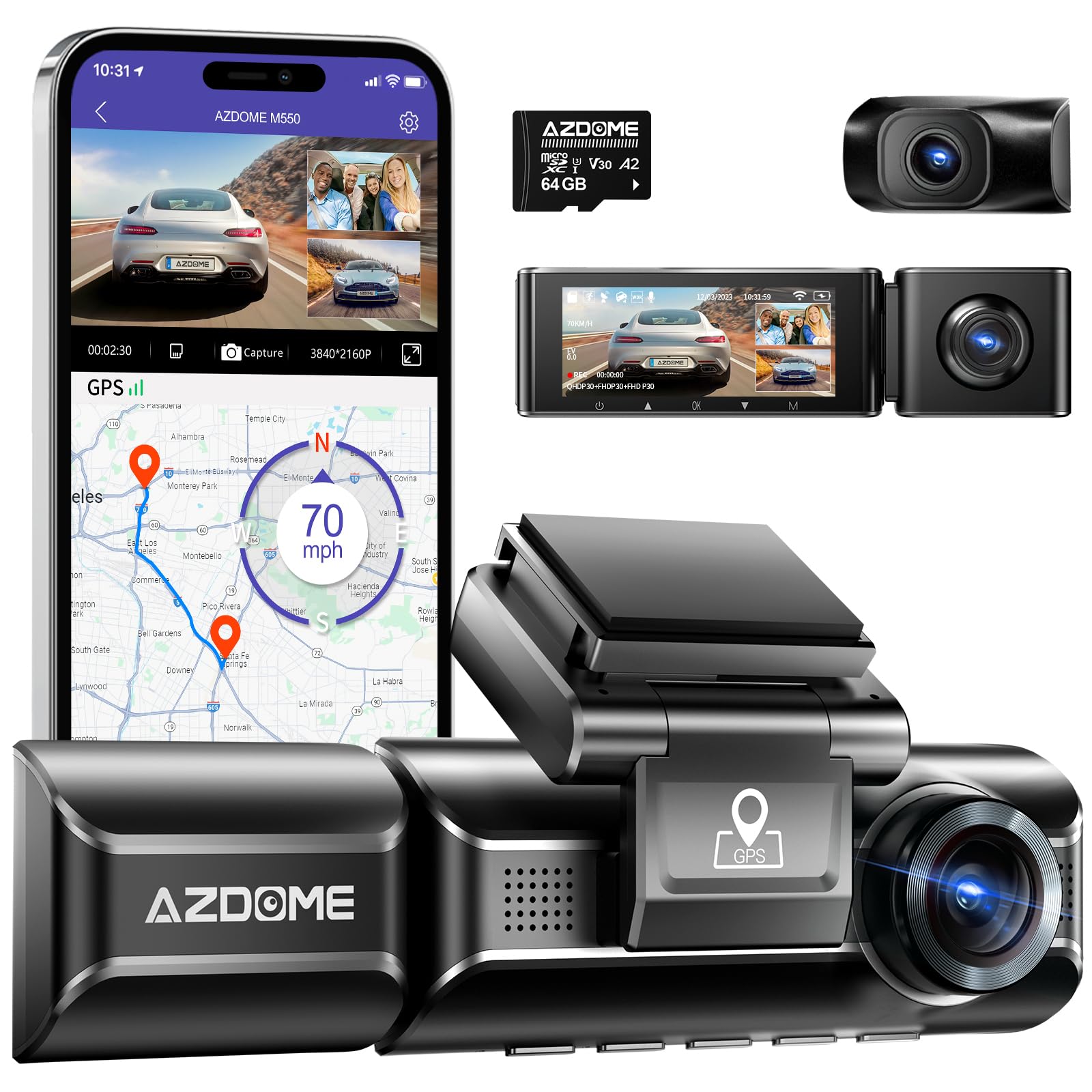 AZDOME M550 Pro 3-Channel Dash Cam – 4K+1080P, 5GHz WiFi, GPS, Parking Mode, 64GB Card Included
