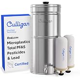 Culligan MaxClear Gravity Water Filter System - Microplastics, Lead &amp; PFAS | IAPMO Certified | Portable &amp; Nesting | 2.25 Gallon | 2 Ceramic + Carbon Filters Included | Premium Polished Stainless Steel