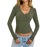 EasyGala Womens Cotton Long Sleeve Shirts V Neck Slim Fit Tops Basic Tees Going Out Outfits 2025 Fall Spring
