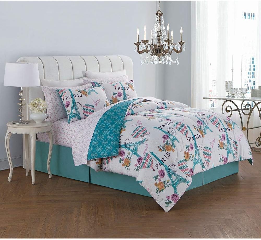 Best Paris Bedding Comforter Bed Set Eiffel Tower Teal Blue Flower