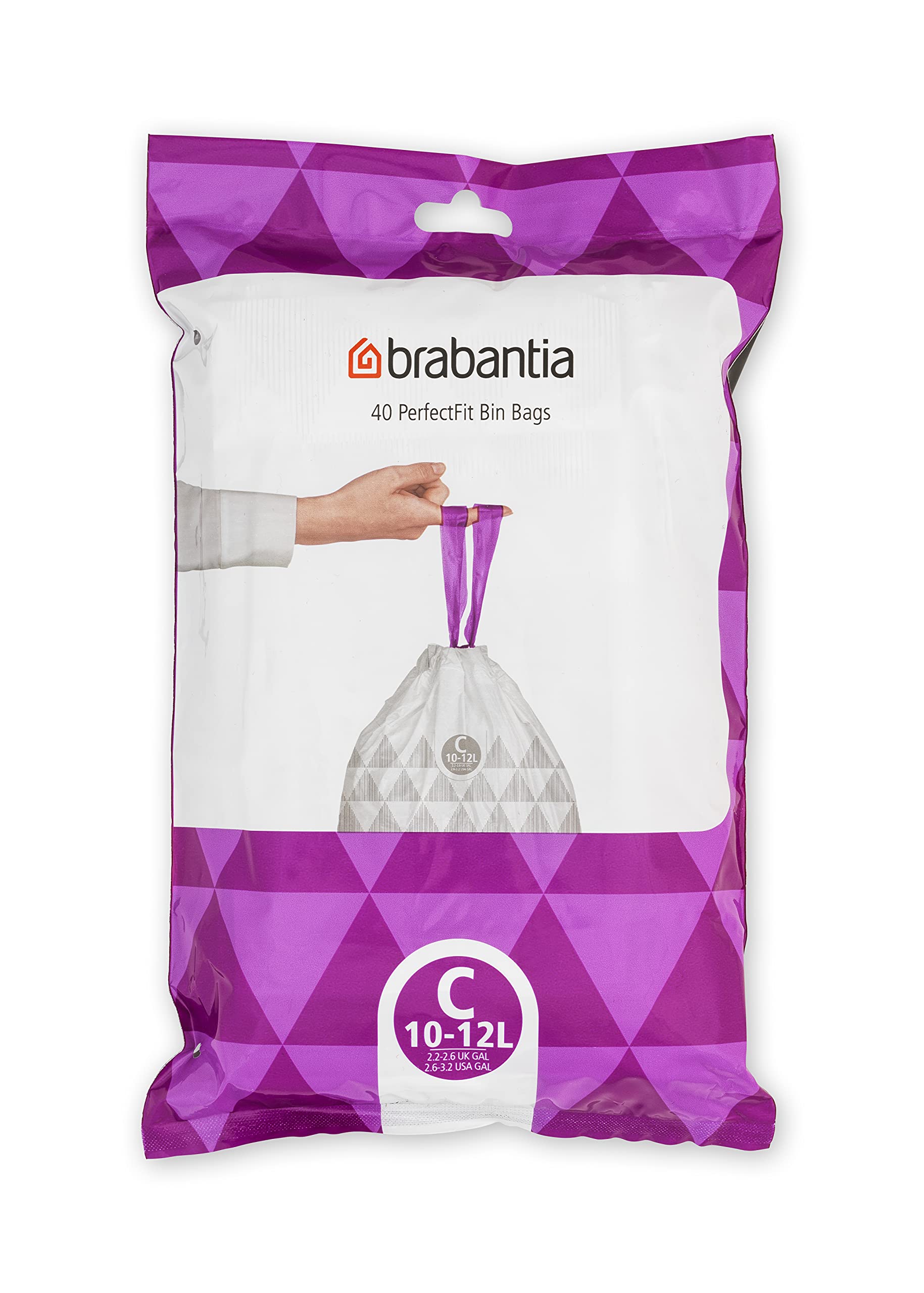 Brabantia PerfectFit Bin Liners (Size C/10-12 Litre) Thick Plastic Trash Bags with Tie Tape Drawstring Handles (40 Bags)