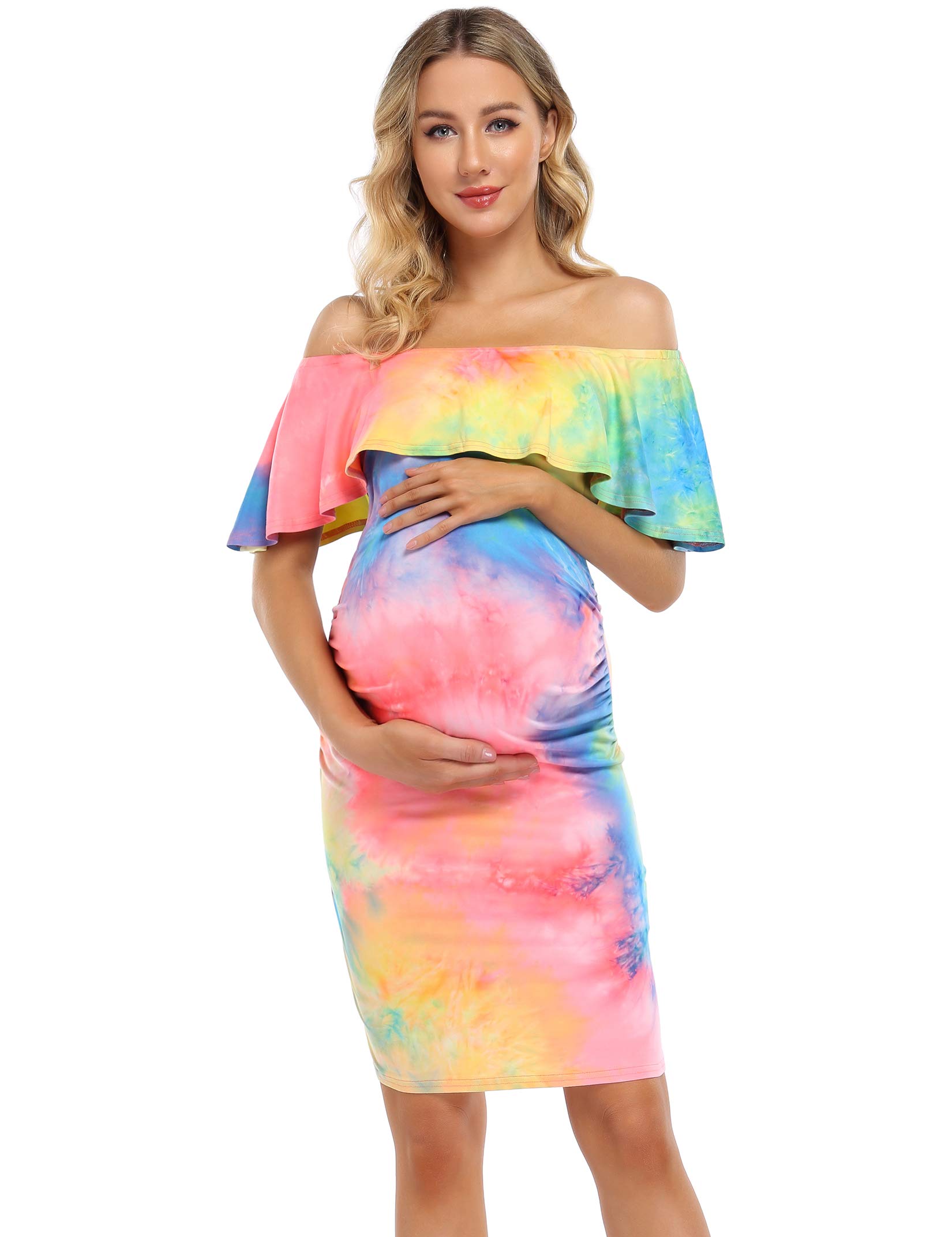 Maternity Outfits Women's Maternity Dress Off Shoulder Casual Maxi Dress Rainbow Maternity Dress (XL,Red&Yellow01) Image