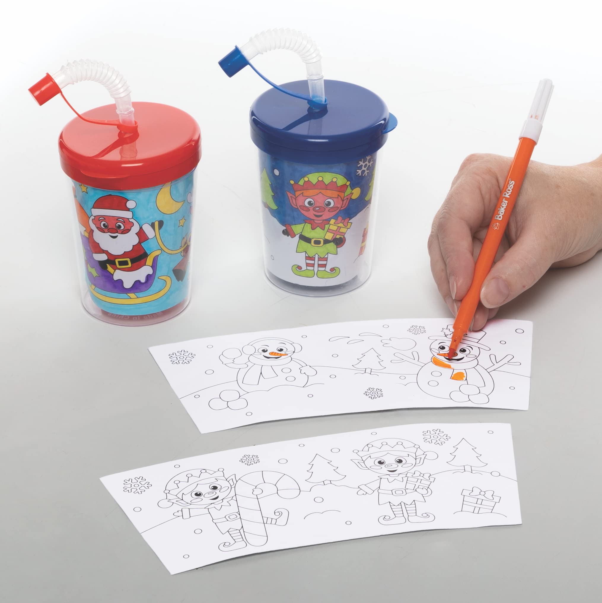 Baker Ross FC148 Christmas Colour In Cups for Kids - Pack of 3, Bendy Straws Cups for Children, Colouring Activities for Kids, Christmas Crafts for Kids to Decorate and Use