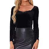 Allegra K Velvet Top for Women's Contrast Lace V Neck Long Sleeve T-Shirts Elegant Tee Christmas Tops
