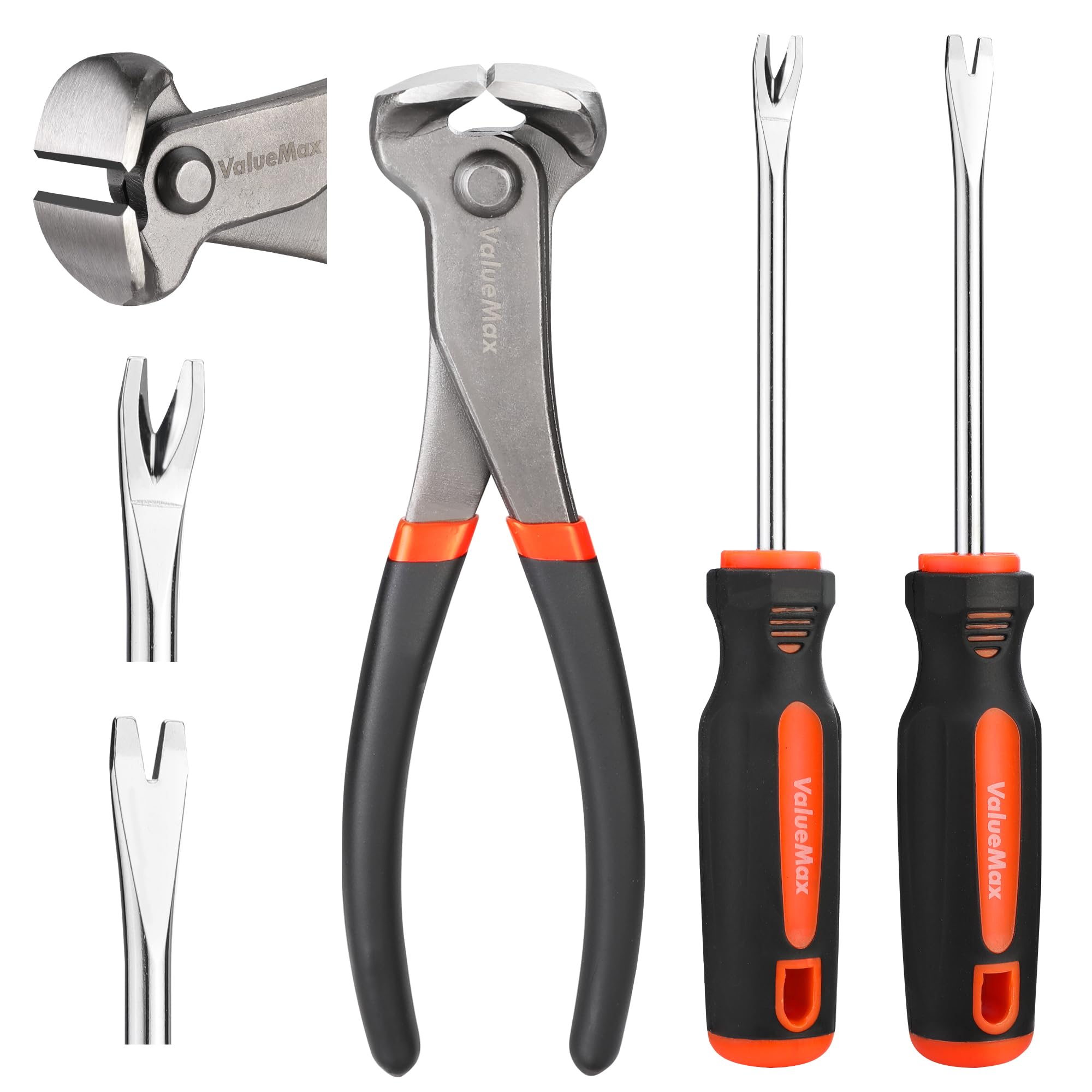 ValueMax 3 Piece End Cutting Pliers and Nail Pullers Set, 185 mm End Nippers for Pulling and Cutting Nails, 2-Piece Magnetizable Tack Lifter with Straight V Tip and Bend V Tip for Easy Nail Removal