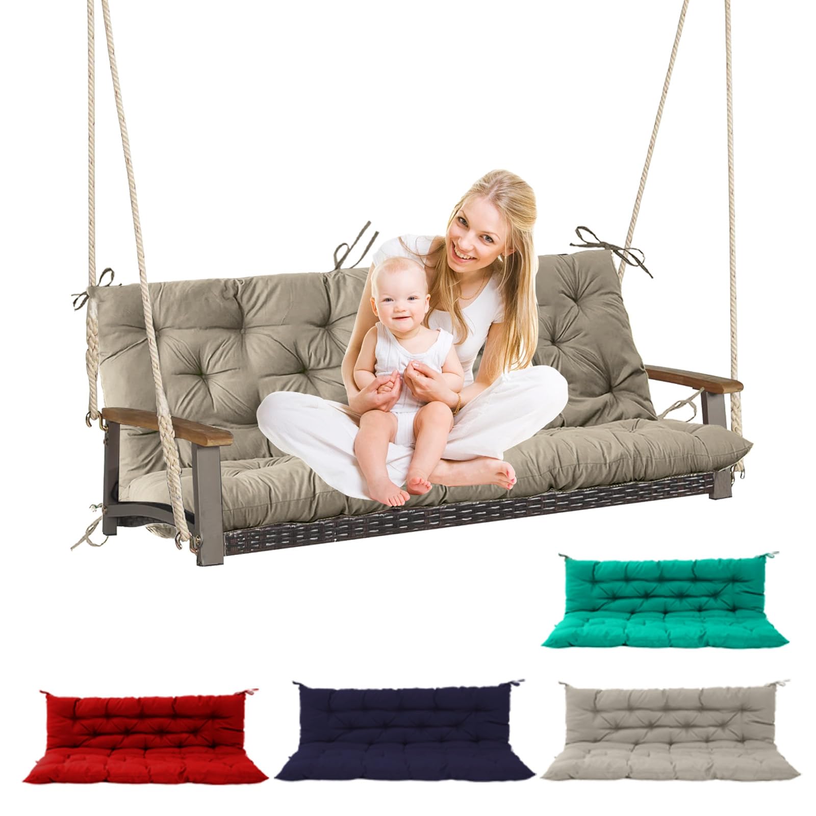 Photo 1 of KITGLASS Outdoor Swing Cushions, 60inch Waterproof Three Seat Swing Replacement Cushions with Backrest and Ties, 4" Thicken Outdoor Porch Swing Cushions for Patio, Lawn and Garden (Khaki, 40×60in)