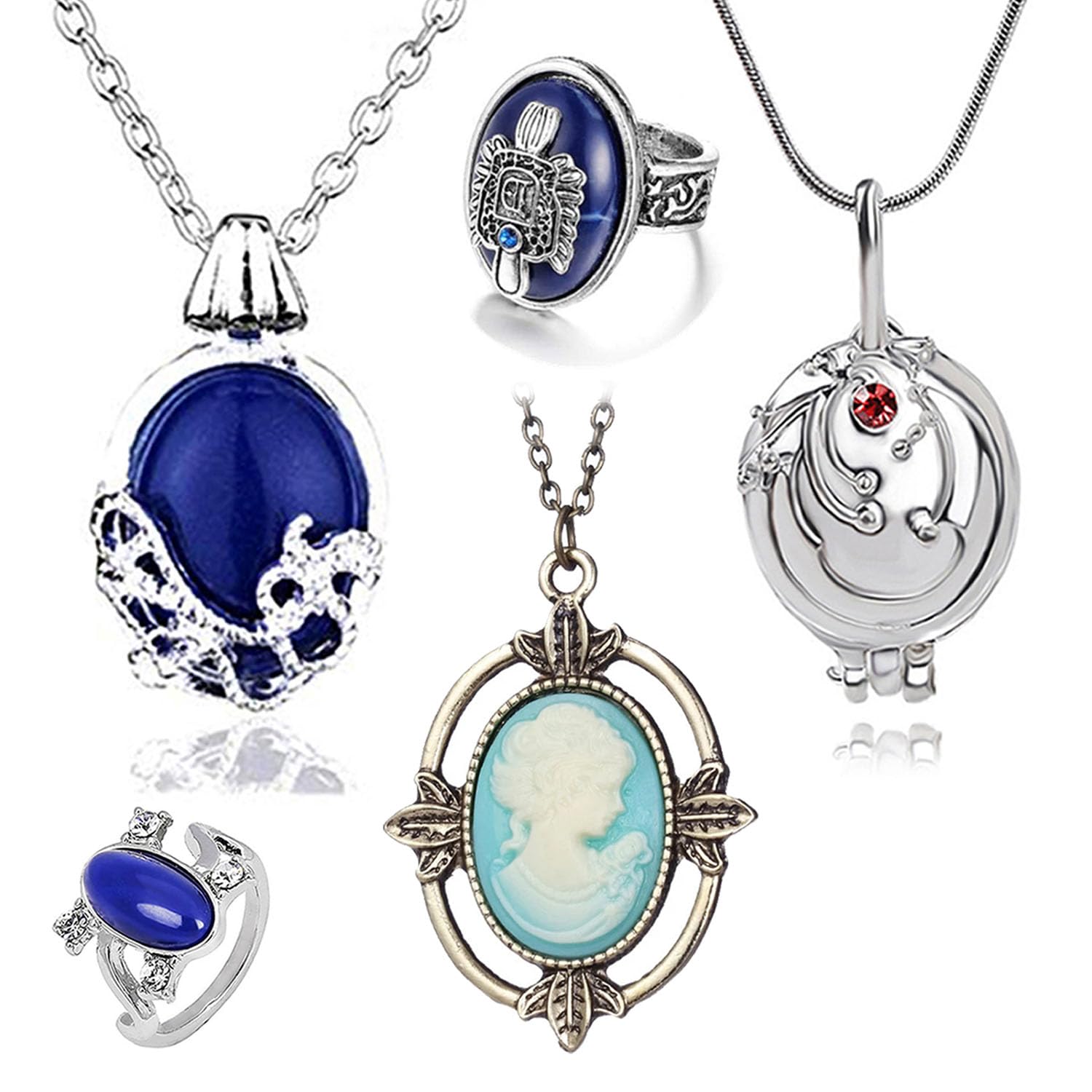 YouU 5 pcs The Vampire Jewelry Set Daywalking Katherine Sapphire Crystal Necklaces Bronze Head Stone Charm Pendant Necklace Damon Stefan finger family Crest Ring