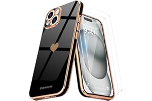Teageo for iPhone 15 Case with Screen Protector [2 Pack] for Girl Women Cute Girly Love-Heart Luxury Gold Soft Cover Camera Protection Bumper Silicone Shockproof Phone Case for iPhone 15, Black