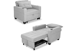 DURASPACE Futon Sofa Bed, 3 in 1 Convertible Sofa Chair Bed, Adjustable Backrest Chair, Chaise Lounge with USB Port, Cup Holder, Side Pocket, Storage Box for Living Room (Light Gray Linen)