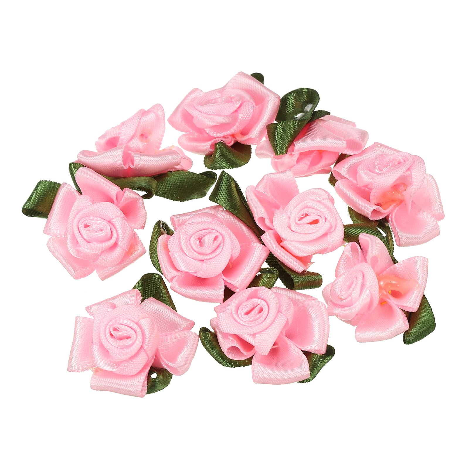 PATIKIL Mini Satin Ribbon Roses, 20 Pcs Small Rosettes Fabric Flowers with Green Leaves for Craft Projects Embellishments Applique, Pink — image 1