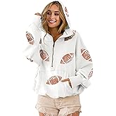 Xunger Women's Football Sequin Hoodie Half Zip Long Sleeve Rugby Patches Game Day Hooded Sweatshirt
