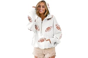 Xunger Women's Football Sequin Hoodie Half Zip Long Sleeve Rugby Patches Game Day Hooded Sweatshirt