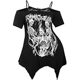 SOLY HUX Women's Plus Size Gothic Cold Shoulder Graphic Tees Shirts | Short Sleeve, Y2k Tops, Festival Rave Outfits, Streetwear