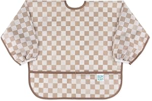 Bumkins Sleeved Bib for Girl or Boy, Baby and Toddler for 6-24 Mos, Essential Must Have for Eating, Feeding, Baby Led Weaning Supplies, Long Sleeve Mess Saving Food Catcher, Soft Fabric, Beige Check