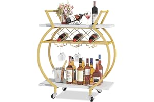 Aenuert Gold Round Bar Carts with Wine Rack and Wheels,2 Tiers Modern Metal Round Wine Cart,Rolling Home Serving Cart,Industrial Mobile Storage Kitchen Trolley for Kitchen, Bar, Living Room
