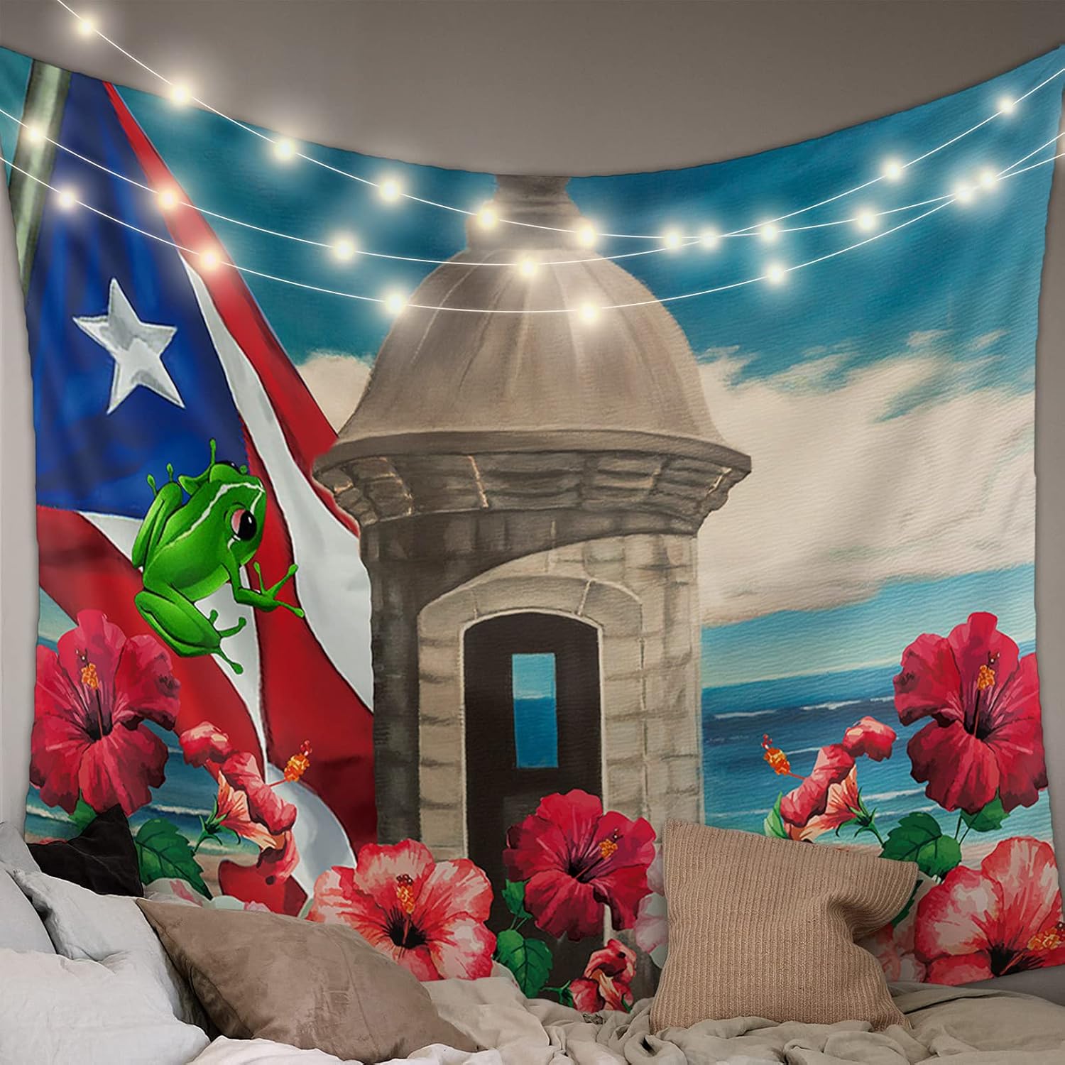 Tapestries - AmbeHome Tapestry for Bedroom, Puerto Rico Coastal Flag Tapestry Wall Hanging Backdrop Tapestry Wall Tapestries Decor for Living Room Dorm Building Hibiscus Flower (39x59 inches)