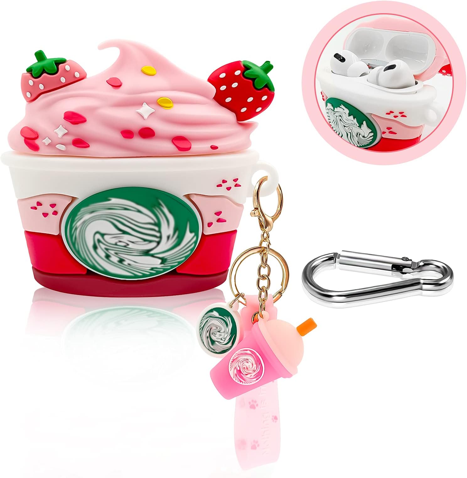 Airpods Pro Case, 3D Cute Kawaii Cartoon 2021 New Strawberry Ice Cream Coffee Cup Soft Silicone Case for Apple Airpods Pro Dustproof Shockproof Protective with Coffee Cup Keychain