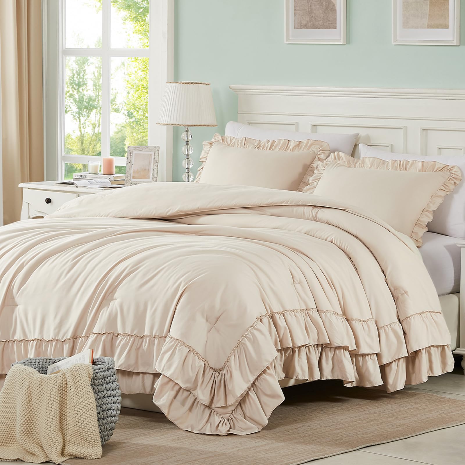 Photo 1 of Cupocupa Beige Full Comforter Set, 3Pcs Ruffle Farmhouse Bedding Sets with Comforter & Pillowcases, Soft Shabby Chic Lightweight Fluffy Comforter Set for All Season Bedroom Decor (Beige, F)