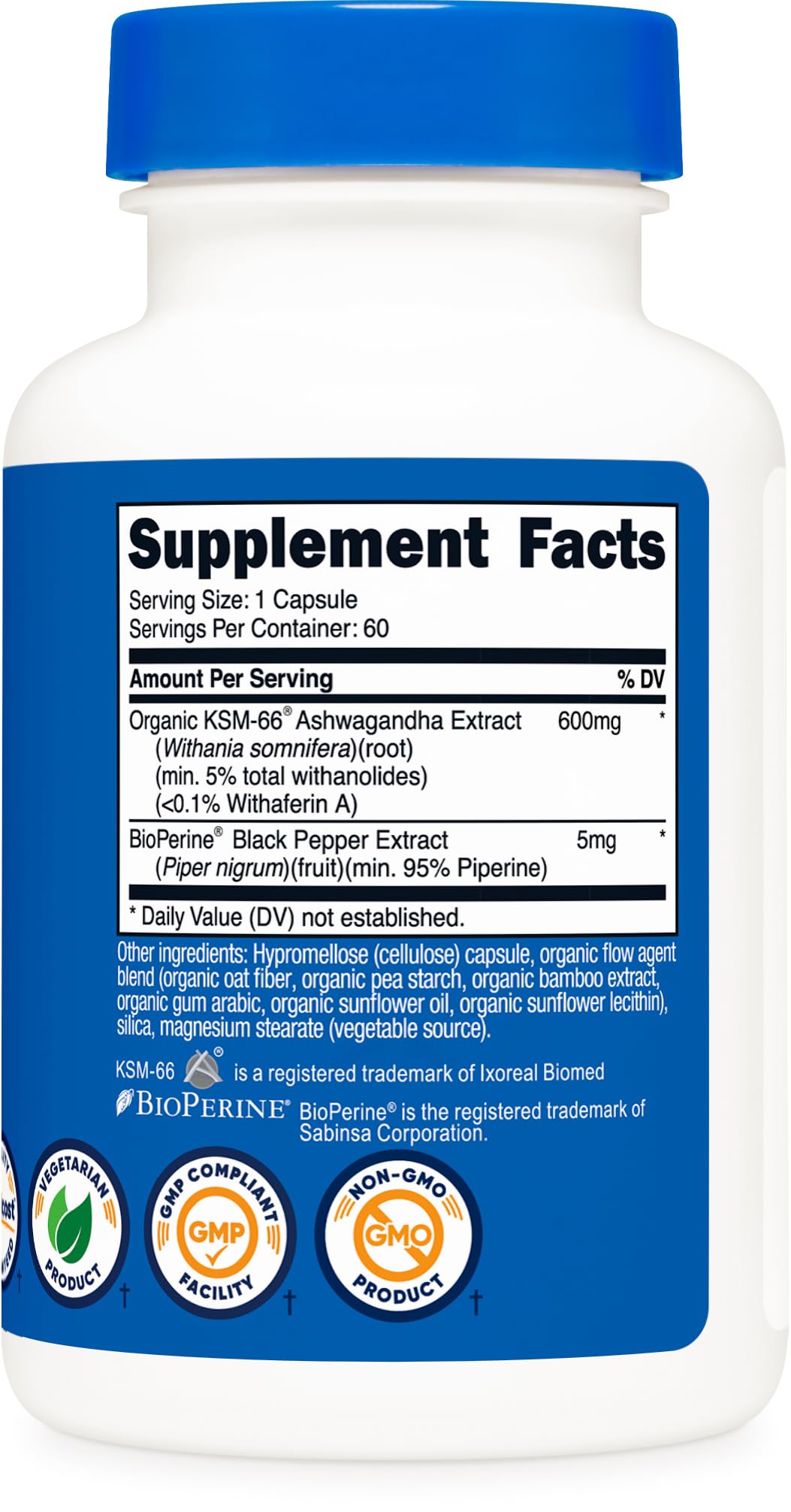 Nutricost KSM-66 Ashwagandha Root Extract 600mg, 60 Veggie Caps - 5% Withanolides - with BioPerine - Full-Spectrum Root Extract
