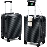 HanTrip Hard Shell Suitcases 20 Inch Carry on Luggage with Wheels, Black | Expandable, Cup Holder, Phone Holder, USB &amp; Type-C Charging Port, 40L Compact, Wet/Dry Pocket, TSA Lock, Lightweight, Travel