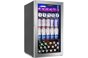 VELIETA 128 Cans Beverage Refrigerator Cooler, 3.2 Cu.Ft Mini Drink Fridge Glass Door for Drink Beer Soda Wine, Beer Fridge with 4 Removable Shelves for Kitchen Bedroom, Office Bar Gaming Room,Stainless Steel