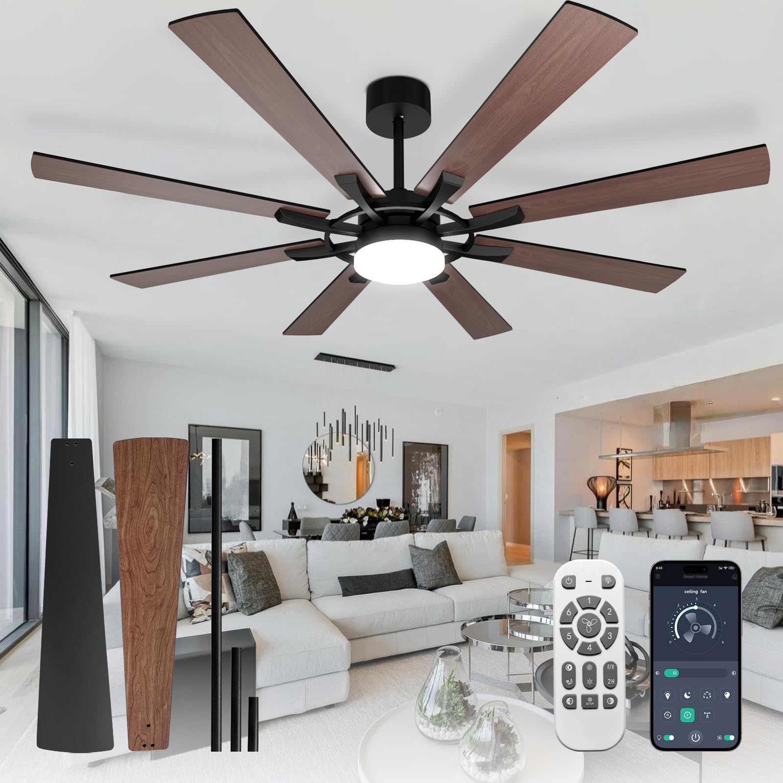 Photo 1 of Depuley 72-Inch Ceiling Fan with Light: Modern 8-Blade Walnut and Black Indoor Outdoor Fans with Remote App Control Dimmable Light - Ultra Quiet DC Motor Reversible 6 Speed Timer