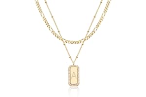 TONTMY STUDIOS Gold Initial Necklace for Women 14K Gold Plated Figaro Chain Choker Layered Necklaces Set Bar Rectangle Pendant Necklaces Simple Dainty Letter Necklace Everyday Gold Jewelry