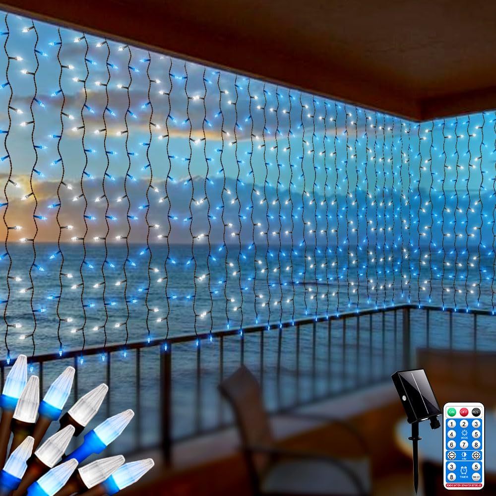 2M X 2M Curtain Lights Indoor Outdoor Fairy Lights,200LEDs Diamond Shape Hanging Backdrop Curtain Fairy Lights for Room,Waterfall Icicle Lights Solar Powered,Black Wire with 8Mode,Remote(Blue+White)