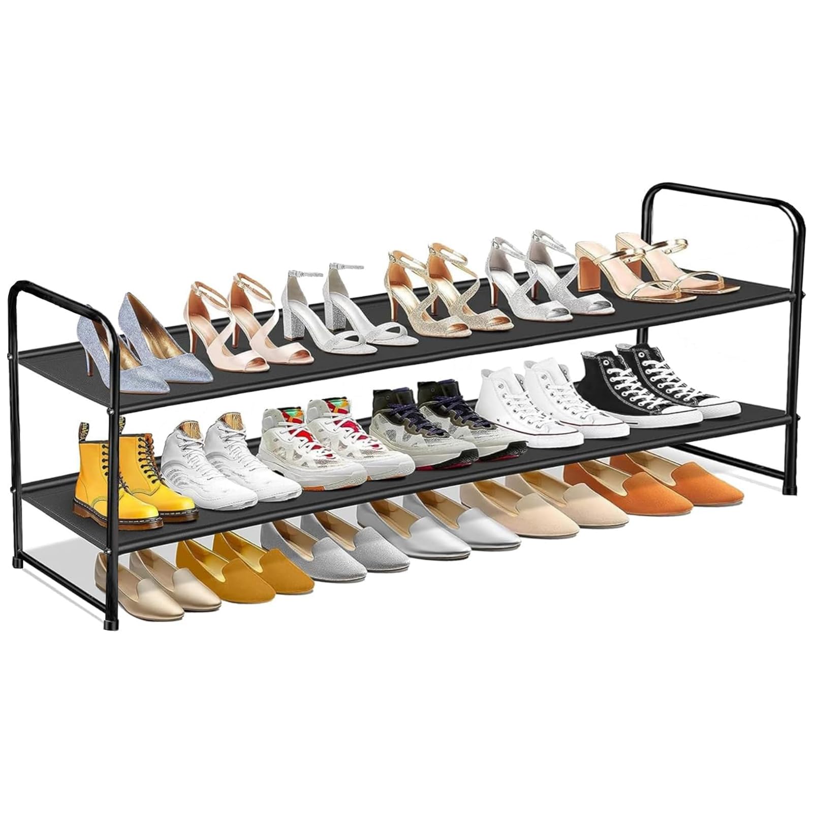 MISSLO Long 2 Tier Shoe Rack, Stackable Metal Shoe Rack Storage Holds 18 Pairs Slim Shoe Organiser Shelf Stand for Bedroom, Hallway, Entryway, Black