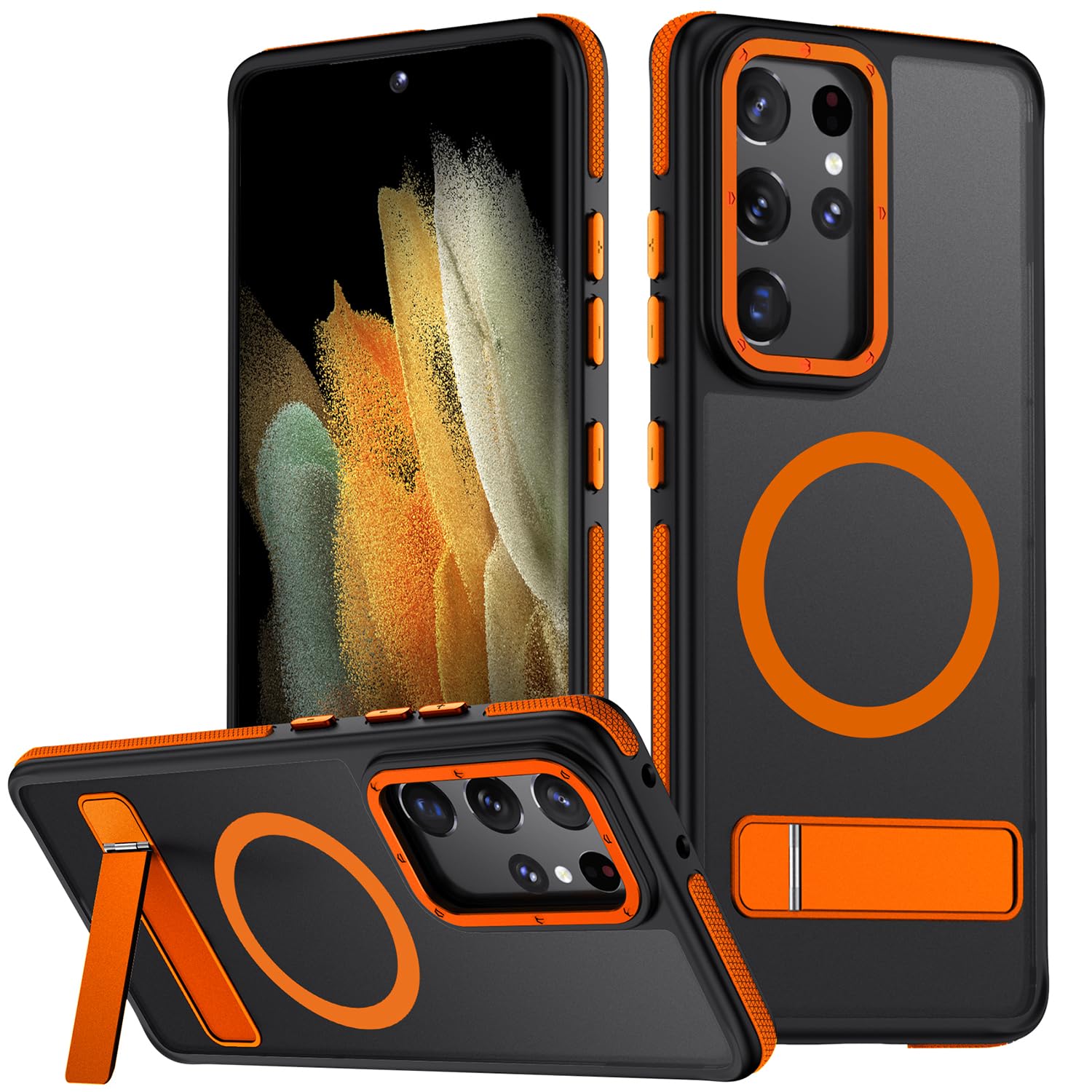 Mondelete for Samsung Galaxy S21 Ultra Case, [Compatible with MagSafe], Adjustable Kickstand,Military Grade Drop Tested, Translucent Matte Phone Case for Galaxy S21 Ultra Case (Orange)