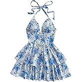 WDIRARA Women's Floral Layered Ruffle Halter Mini Dress Lace Up Tie Backless Deep V Neck A Line Dresses