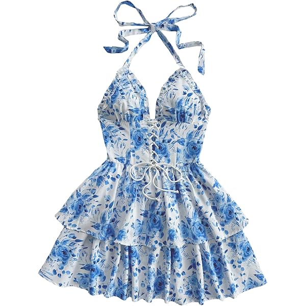 MakeMeChic Women's Plus Size Floral Tie Dye Halter Dress Open Back A Line Mini  Dresses Blue Large Plus at Amazon Women's Clothing store