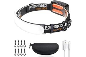 POKISEED LED Headlamp Rechargeable, Super Bright 1500 Lumens 230° Wide Beam Head Torch, 3 Modes IPX6 Waterproof Lightweight H