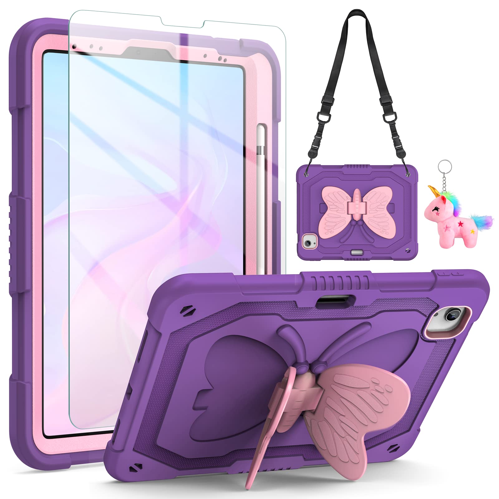 Photo 1 of for iPad Air 5th/4th Generation Case with Screen Protector, for iPad Pro 11 Inch Case Butterfly Stand Strap Dolls Pencil Holder Kids Girls Hard Cover for iPad Air 4th 5th 10.9/iPad Pro 11 2022-Purple