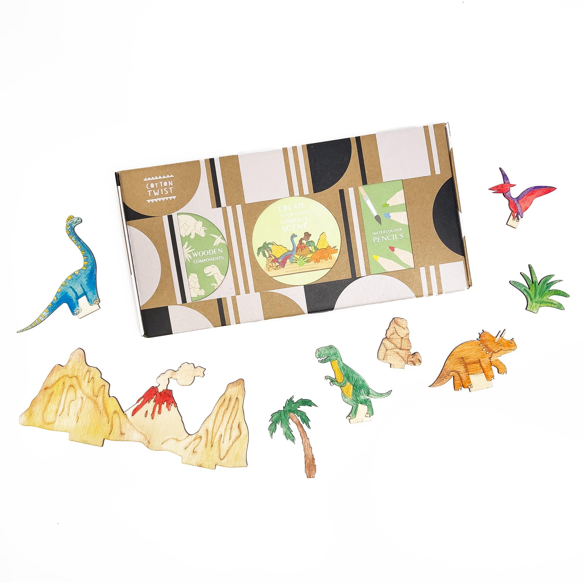 COTTON TWIST Make Your Own Dinosaur Scene Craft Kit with Watercolour Pencils - Creative Fun Activity Box
