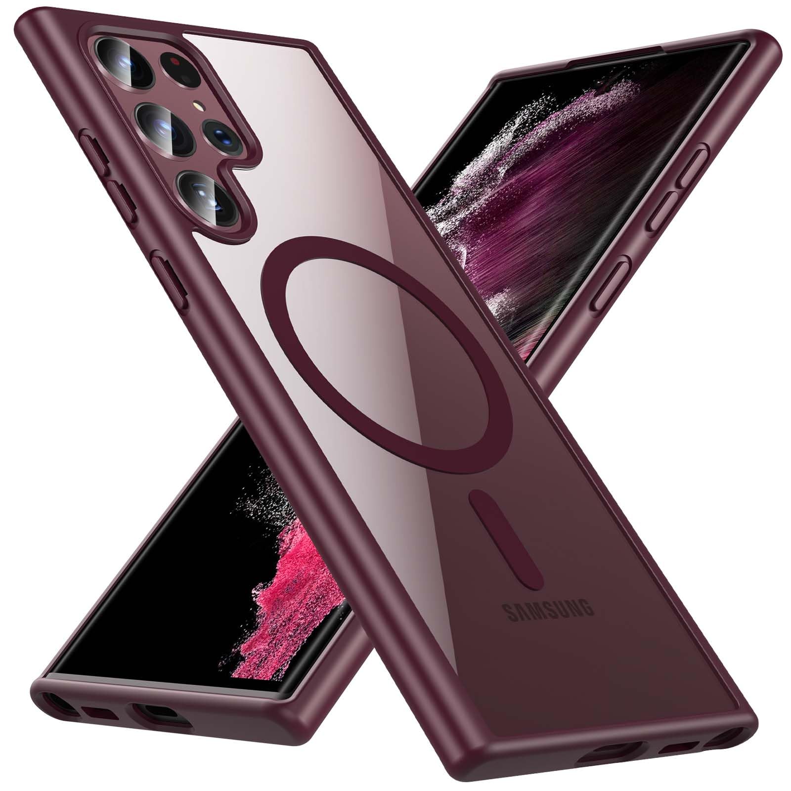 Hensinple for Samsung Galaxy S22 Ultra Case Magnetic, Galaxy S22 Ultra Phone Case [Compatible with Magsafe], Clear Hard Back Slim Shockproof Magnetic Cover Case 6.8 Inch, Burgundy
