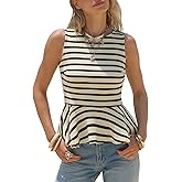EXLURA Women Summer Tank Tops 97% Cotton Waffle Knit Peplum Top Sleeveless Crewneck Striped Ruffle Hem Business Casual Shirts