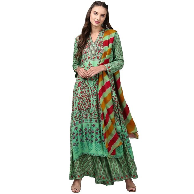 Buy Ritu Kumar Women's Viscose Kurta With Sharara And Dupatta (3PCVC-GGT00N14882466__Mint) at 