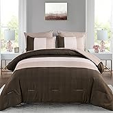 Anibedding Brown Queen Comforter Set 7 Pieces, Chocolate and White Patchwork Striped Bed in a Bag with Sheet Pillowcase for Queen Bed All Season