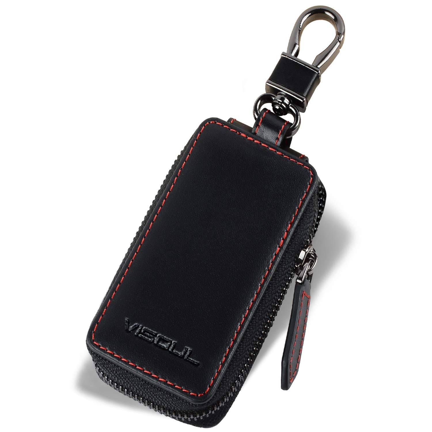 VISOUL Genuine Leather Key Holder Vehicle Car Key Holder Zipper Bag with Keychain, Car Key Cover Anti-Scratch Protectors Universal Auto Key Pouch Carabiner Car Accessories