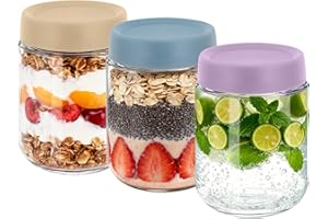 16oz Overnight Oats Jar, 3 Pack Overnight Oats Containers with Lids, Leak-Proof Reusable Wide Mouth Mason Jars Glass Jar for 