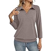 TICTICMISS Womens Polo Shirts 3/4 Sleeve Banded Bottom Tops Business Casual Tops Collared V Neck Blouses
